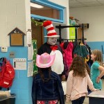The Cat in the Hat visiting with 2nd graders.